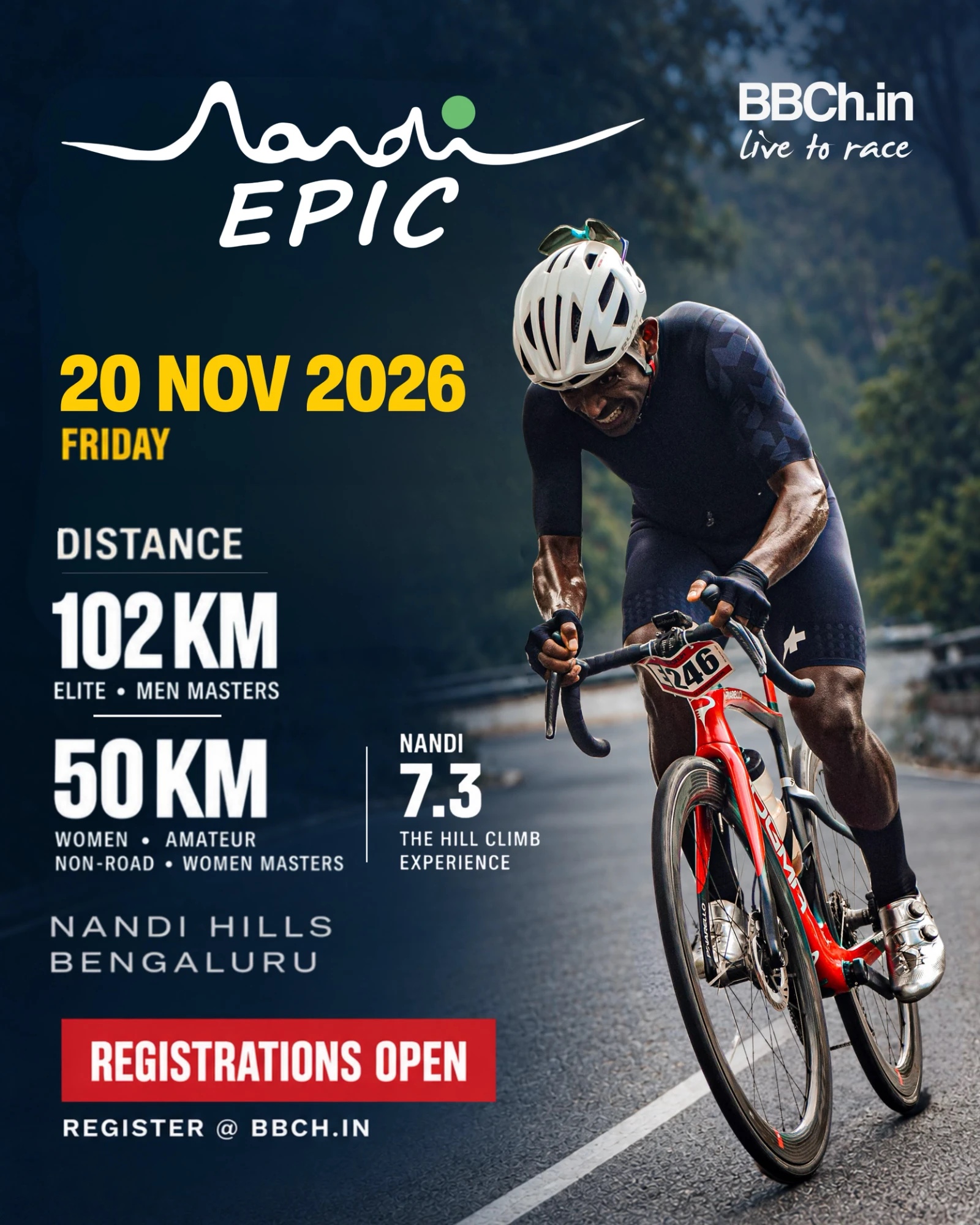 Nandi Epic — 20 November 2026, Nandi Hills, Bengaluru. 102 km, 50 km and Nandi 7.3 hill climb.
